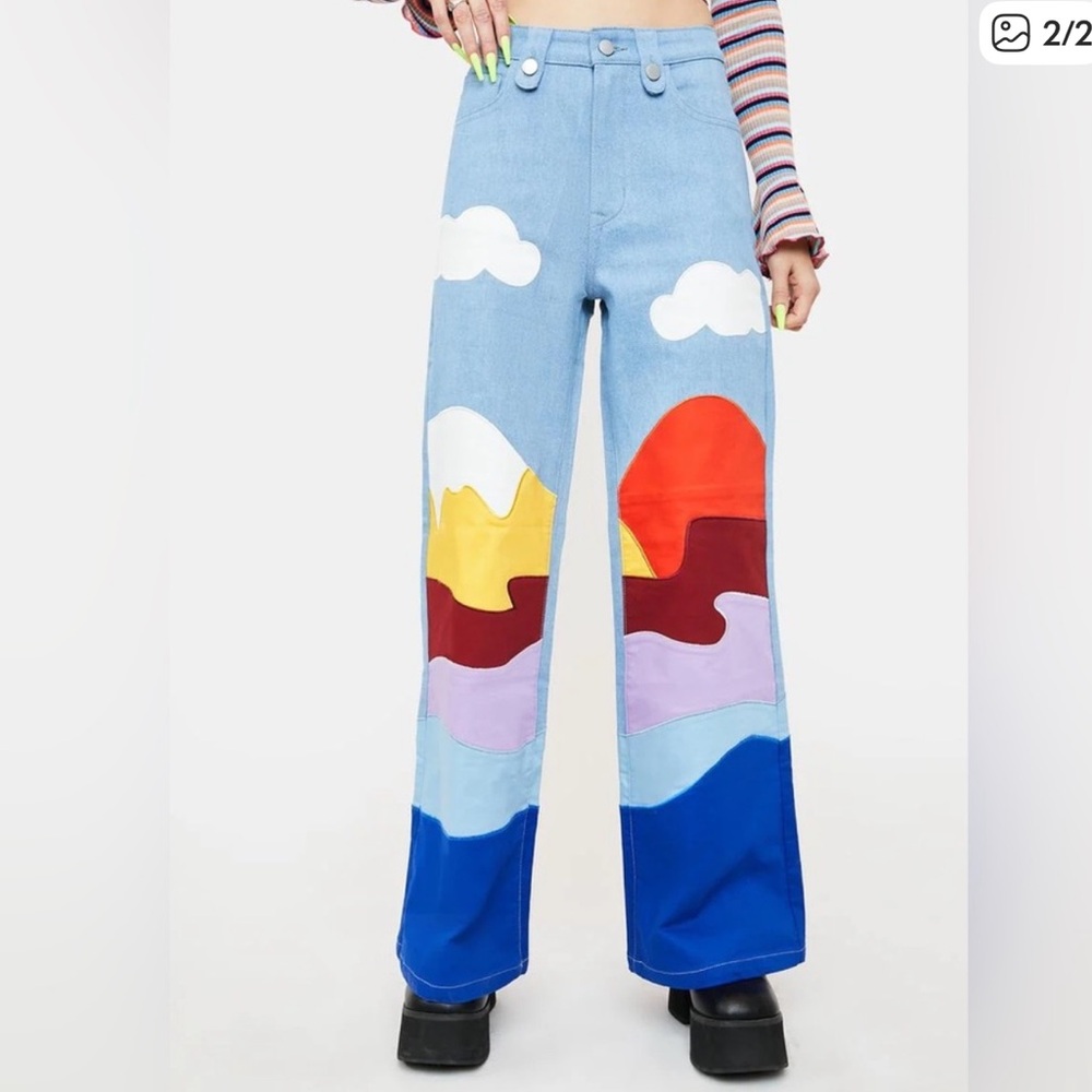 6587.Colorful Patchwork Flare  Wide Leg Appliqué Jeans